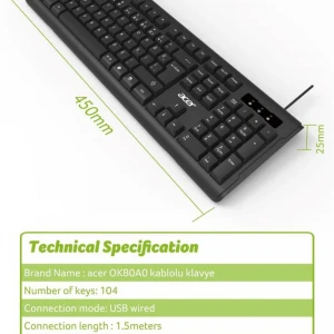 Acer OAK-0A0  Siyah Kablolu Sessiz Tuşlu  Klavye (Caps Lock) (Kablo Uzunluğu 1.50Cm) Caps Lock