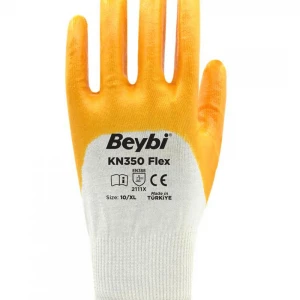 Beybi Pamuk Nitril PMK KN350 Flex 10 Beden Eldiven 12li Paket Beyaz Sarı EN388 (2111X)
