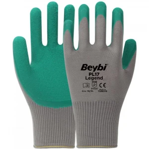 BEYBİ PL17 10 Beden Gri-Yeşil 12li Paket Legend Polyester Örme Lateks Eldiven