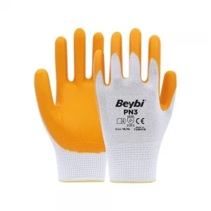Beybi PN3 Beyaz Sarı 10 Beden Polyester Örme Nitril Eldiven 12li Paket EN388 (2121X)