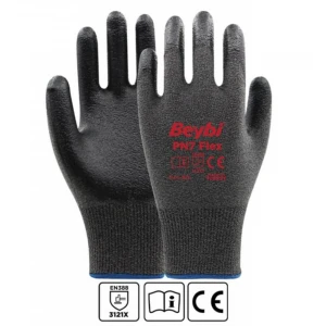 Beybi Pn7 Flex 10 Beden Nitril Kaplı Naylon Örme Eldiven 12li Paket Gri-Siyah EN388 (3121X)