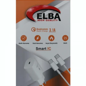 Elba ELB04-PD-25WTypc Beyaz 25W Typc-e Ev Şarj Kafa+1mt Type-c To Type-c Kablo 3.1 Hızlı Şarj