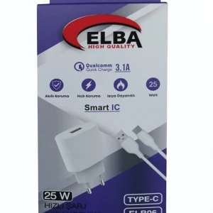Elba ELB06-USB-25WTypc  Beyaz Usb 25W Şarj Kafa+1Mt Usb Type-c Kablo QC4.0 (Akım Koruma-Hızlı Şarj)