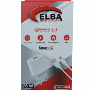 Elba ELB07-USB-25WIOS Beyaz 25W Usb Ev Şarj Kafa+ Usb 1mt Lightning Kablo QC4.0 Hızlı Şarj