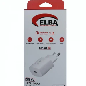 Elba ELB42 Beyaz 25W Şarj Kafa+ İphone Kablo USB-C PD3.0-QC4.0(Akım Koruma-Hızlı Şarj-)