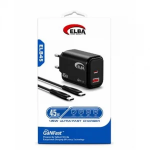 Elba ELB45 45W Siyah Ev Şarj Kafa+ Type- C To Type-C Kablo ( GANFAST Teknoloji Şarj Aleti )