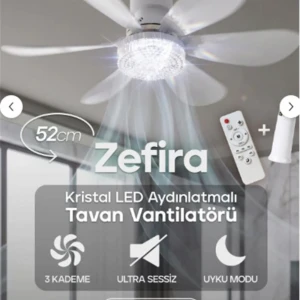 Feny Fn-F82 Zefira 3 Kademe Ultra Sessiz Uyku Mod 3000k-6500K Kristal Led Tavan Vantilatörü Kumanda