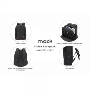 Mack MCC-007 17.3" Office USB Girişli Notebook Sırt Çantası Siyah (Dahili USB Şarj Portu)
