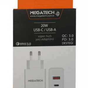 Megatech 20w Beyaz USB-C USB-A  Şarj Kafa QC:3.0-PD:3.0