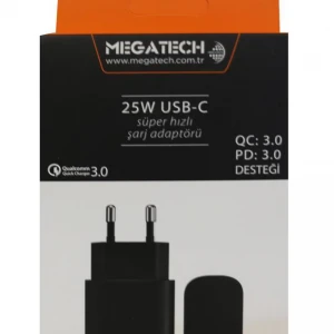 Megatech 25w Siyah USB-C  Şarj Kafa QC:3.0-PD:3.0