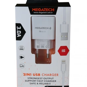 Megatech 3.0A Ev 2IN1 Ev Şarj Kafa +Iphone Şarj Kablo Hızlı Şarj