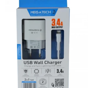 Megatech CC-03 (MT-Cl34) 3.4A Lightning Usb Kablo + Ev Şarj Adaptörü Hızlı Şarj