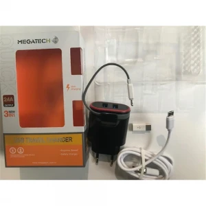 Megatech Siyah 2.4A ( Ev Şarj + Micro Kablo+Typ-c+Iphone ) 3in1 Şarj Aleti