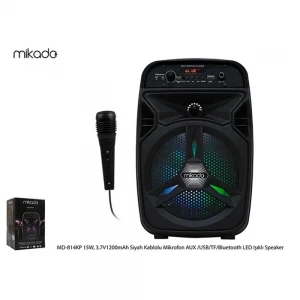 Mikado MD-814KP 15W,3.7V1200mAh Siyah Kablolu Mikrofon AUX -USB-TF-Bluetooth FM'li LED Işıklı Anfi