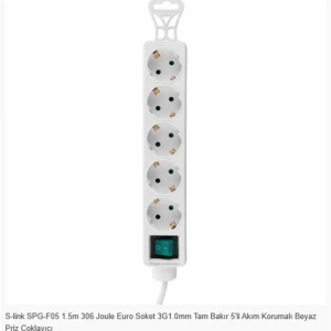 S-link SPG-F05 1.5m 306 Joule Euro Soket 3G1.0mm Tam Bakır 5li Akım Korumalı Beyaz Priz Çoklayıcı