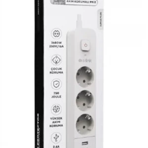 S-link SPG03TC 5V2.4A 1.5m 3x1.00mm 100 yüzde  Bakır 750 Joule 3 lü Anahtarlı Akım Korumalı Beyaz Priz