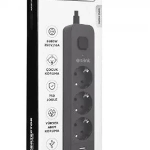 S-link SPG03U  5V2.4A 1.5m 3x1.00mm 100 yüzde  Bakır 750 Joule 3 lü Anahtarlı Akım Korumalı Siyah Priz