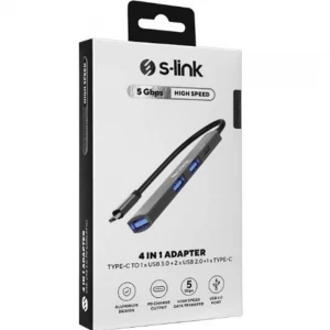 S-link SWV-USBC023 4 in 1 Gri Metal TypeC to 2-USB2.0 USB 3.0, PD Type C Adaptör